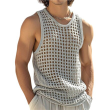 Men'S Crew Neck Hollow Mesh Breathable Sleeveless Knit Tank Top Light Gray XL