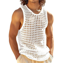 Men'S Crew Neck Hollow Mesh Breathable Sleeveless Knit Tank Top White XL