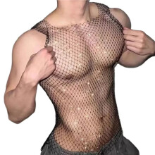 Men'S Rhinestone Fishnet Sleeveless Mesh Top Black S