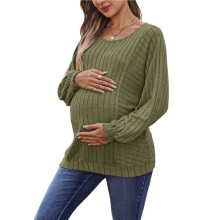 Women Maternity Solid Vertical Rib Patchwork Crew Neck Lantern Long Sleeve Oversized Pregnancy Top Army Green 5XL