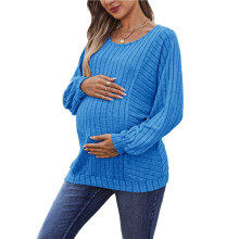 Women Maternity Solid Vertical Rib Patchwork Crew Neck Lantern Long Sleeve Oversized Pregnancy Top Royal XXXL