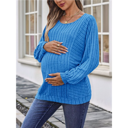 Women Maternity Solid Vertical Rib Patchwork Crew Neck Lantern Long Sleeve Oversized Pregnancy Top Royal  XL 2