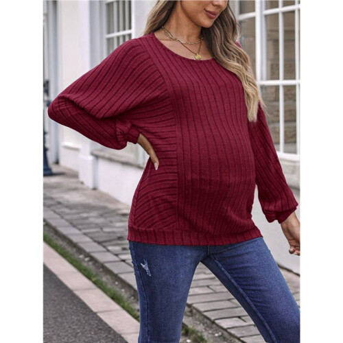 Women Maternity Solid Vertical Rib Patchwork Crew Neck Lantern Long Sleeve Oversized Pregnancy Top Wine Red XL 1