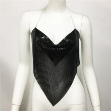 (Black) Silver Gold And Metal Fabric Belted Tank Top For Urban Party Fashion Girls