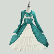 (Green ,M)Fantasy Gothic Costume Dress Ethnic Style With Puffed Sleeves For Party Wear
