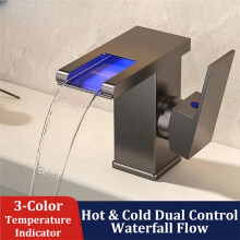 3-Color LED Temperature Waterfall Bathroom Faucet Hot & Cold Dual Control Tap Brass Countertop Sink Faucet C