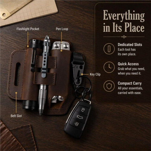 Multitool Sheath for Belt - Pouch & Leather Case with Flashlight Holder,Pen Loop & Keychain Clip for Men Black 1