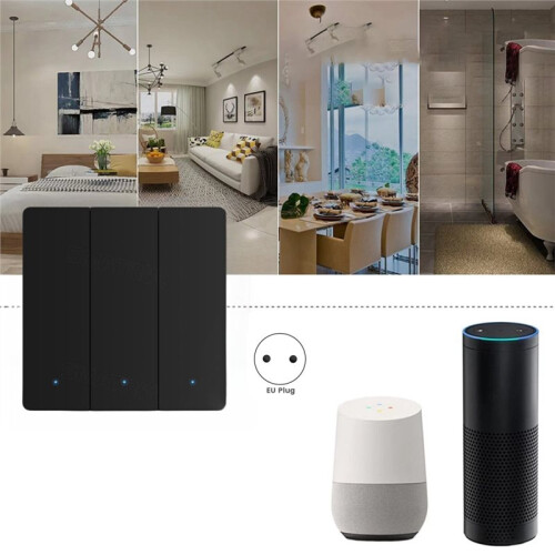 EU Tuya WiFi  Button Wall , Alexa Voice App Remote  Home Light  Three-Way Single Control Black 2