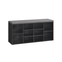 Shoe Bench - Wood - Ebony Black - Padded Seat with 9 Compartment Storage