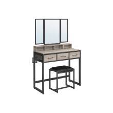 Dressing Table - Wood - Industrial Style - Tri-Fold Mirror, 3 Drawers, Hair Dryer Holder