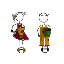 A Pair Colored Wrought Iron Anime Boy & Girl Planter,Vivid Metal Yard Art Decor