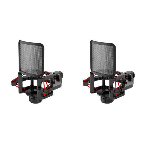 2X Microphone Shock Mount with Microphone Filter Windscreen Reduce Noise Anti Vibration Screen Stable Easy Install,Red