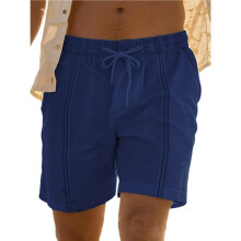 Mens Casual Linen Shorts Elastic Waist Drawstring Summer Beach Vacation Short Navy XL