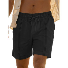 Mens Casual Linen Shorts Elastic Waist Drawstring Summer Beach Vacation Short Black M