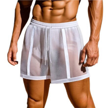 Men'S Mesh See Through Shorts Breathable Sheer Elastic Waist Shorts Beach Watershort Lounge Pants White XXXL