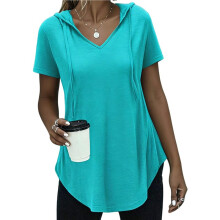 Damen-Hoodies, V-Ausschnitt, Kurzarm, Leichte Sweatshirts, Pullover mit Kordelzug Smaragd M