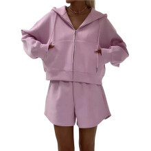 Damen-Freizeitanzug: Kurzer Hoodie mit Taschen und Shorts mit Kordelzug, 2-Teiliges Loungewear-Outfit Tiefrosa M