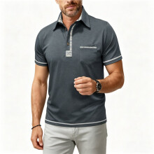 Herren Kurzarmhemd mit Kragen, Lässiges Sommer-Golfhemd mit Kragen und Tasche Dunkelgrau S
