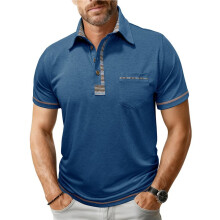 Herren Kurzarmhemd mit Kragen, Lässiges Sommer-Golfhemd mit Kragen und Tasche Blau XL