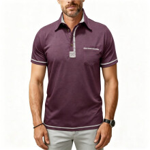 Herren Kurzarmhemd mit Kragen, Lässiges Sommer-Golfhemd mit Kragen und Tasche Weinrot S