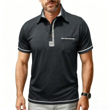 Herren Kurzarmhemd mit Kragen, Lässiges Sommer-Golfhemd mit Kragen und Tasche Schwarz und Grau XXL