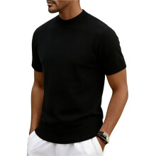 Herren-Strickpullover mit Stehkragen und Kurzen Ärmeln, Lässiger Slim-Fit-Pullover Schwarz M