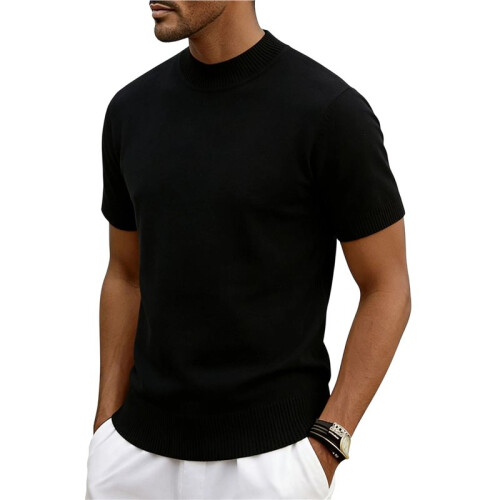 Herren-Strickpullover mit Stehkragen und Kurzen Ärmeln, Lässiger Slim-Fit-Pullover Schwarz M