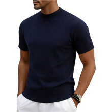 Herren-Strickpullover mit Stehkragen und Kurzen Ärmeln, Lässiger Slim-Fit-Pullover Marineblau S