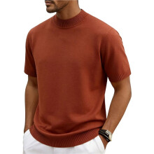 Herren-Strickpullover mit Stehkragen und Kurzen Ärmeln, Lässiger Slim-Fit-Pullover Karamellfarbe XXL
