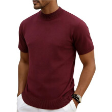Herren-Strickpullover mit Stehkragen und Kurzen Ärmeln, Lässiger Slim-Fit-Pullover Weinrot XXL