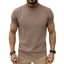 Men'S Crew Neck Vertical Stripe Short Sleeve Knit T-Shirt Apricot Color S