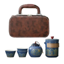 1-Delige Reistheeset, Draagbare Theeset, Keramische Theepot, Theebus, Theekopje, Buitentheebus, Leren Tas