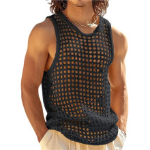 Men'S Crew Neck Hollow Mesh Breathable Sleeveless Knit Tank Top Black M