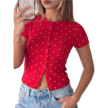 Frauen Kurzarm-Tops Sommer Polka Dot Slim Fit Rundhals Rippstrick Casual Cropped Shirts Großes Rot - auf Lager XL