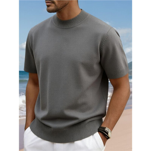 Herren-Strickpullover mit Stehkragen und Kurzen Ärmeln, Lässiger Slim-Fit-Pullover Grau XXL 1