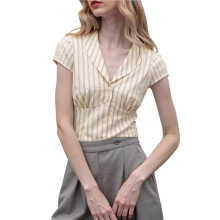Women'S Striped Button Down Shirts Short Sleeve Collared Neck Going Out Blouses Apricot Color M