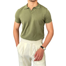 Herrenhemden mit Kragen, Kurzarm, Strickhemd mit V-Ausschnitt, Lässiges Golfhemd, Stilvolles Oberteil im Vintage-Stil Olivgrün S