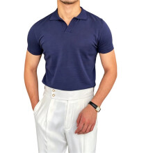 Herrenhemden mit Kragen, Kurzarm, Strickhemd mit V-Ausschnitt, Lässiges Golfhemd, Stilvolles Oberteil im Vintage-Stil Dunkelblau XXL