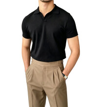 Herrenhemden mit Kragen, Kurzarm, Strickhemd mit V-Ausschnitt, Lässiges Golfhemd, Stilvolles Oberteil im Vintage-Stil Schwarz S