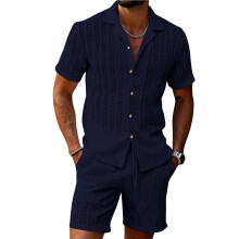 Men'S Camp Collar Jacquard Button  Shirt and Drawstring Shorts Two Piece Outfit Navy  XL
