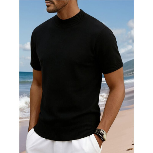 Herren-Strickpullover mit Stehkragen und Kurzen Ärmeln, Lässiger Slim-Fit-Pullover Schwarz S 1