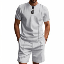 Men'S Crew Neck Short Sleeve T-Shirt and Drawstring Shorts Two Piece Set Light Gray M