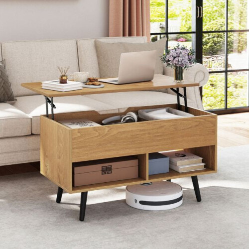 Lift-Top Coffee Table 80cm, Hidden Storage, 2 Shelves 2
