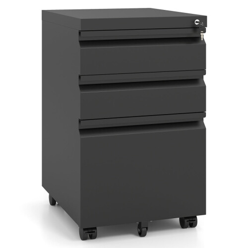 Rolling Metal Filing Cabinet, Lockable, 3 Drawers, A4