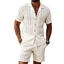 Men'S Camp Collar Jacquard Button  Shirt and Drawstring Shorts Two Piece Outfit Apricot Color S
