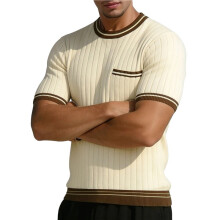 Herren Strick Crewneck Kurzarmshirt mit Gestreiftem Saum Aprikosenfarbe M