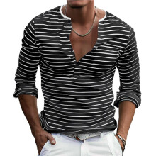 Heren T-Shirts Korte Mouw Knop Casual Stijlvolle Basis T-Shirts Werk Gestreepte Overhemden Henley Top Zwart XXL