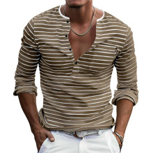 Heren T-Shirts Korte Mouw Knop Casual Stijlvolle Basis T-Shirts Werk Gestreepte Overhemden Henley Top Diep Khaki XL