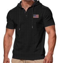 Heren Hoodies Pullover Casual Korte Mouwen Trekkoord Wafel Gebreide Hoodie Sweatshirt Zwart XXL