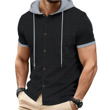 Heren Hoodies Shirt Korte Mouw Knoopsluiting met Trekkoord Capuchon Sweatshirt met Borstzak Zwart M